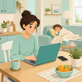 Illustration av en förälder som sitter vid köksbordet med dator och telefon och ansöker om VAB, med ett sjukt barn på soffan i bakgrunden.