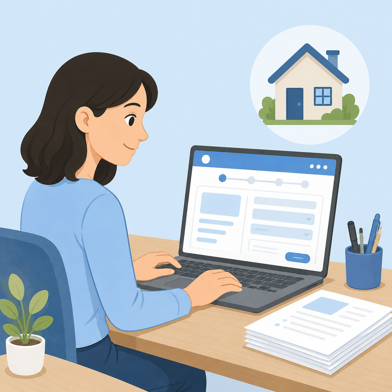 Person som ansöker om bostadsbidrag digitalt vid ett skrivbord med dokument bredvid sig.