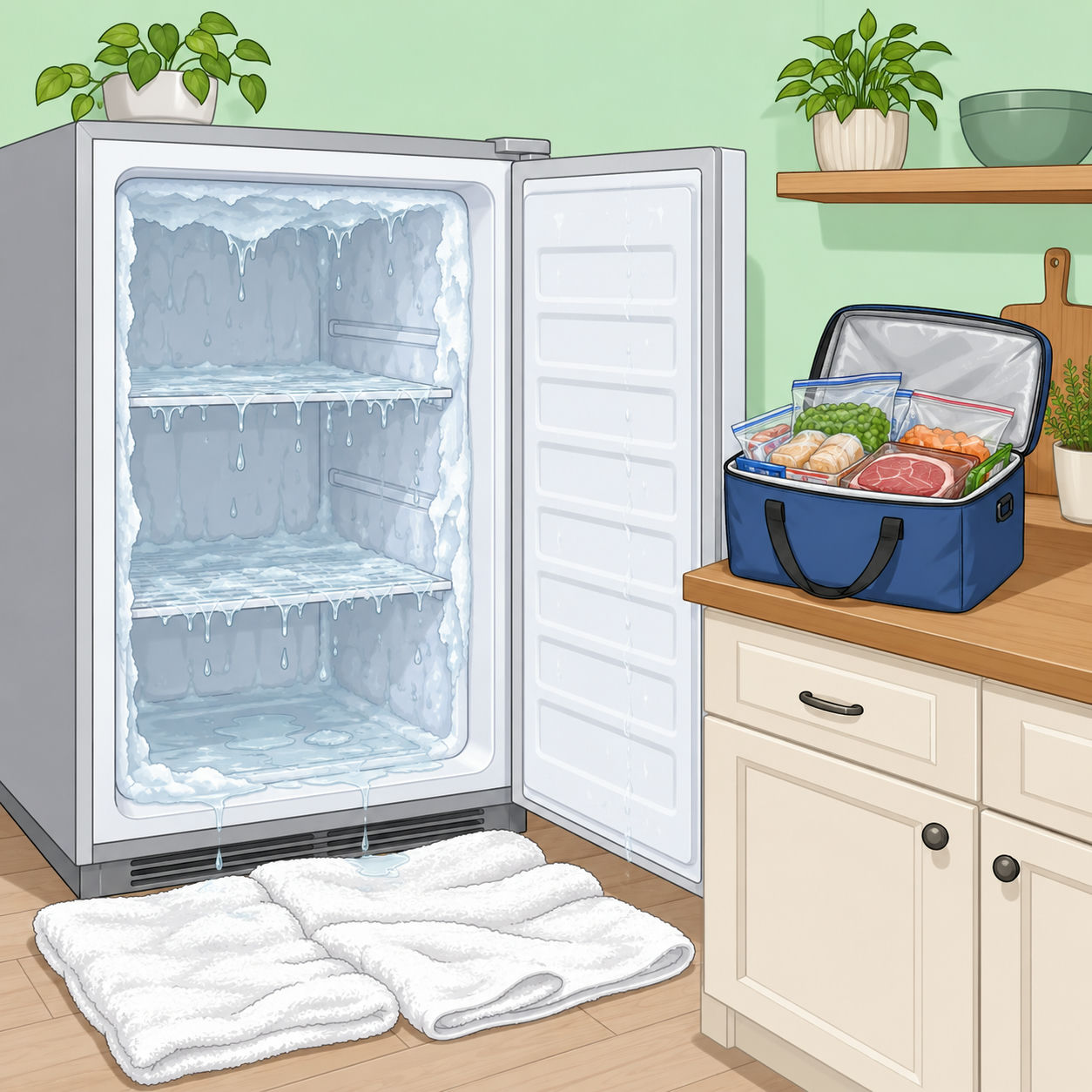 Illustration av ett kök med en öppen frys under avfrostning, handdukar på golvet och matvaror i en kylbox på bänken.