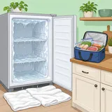 Illustration av ett kök med en öppen frys under avfrostning, handdukar på golvet och matvaror i en kylbox på bänken.