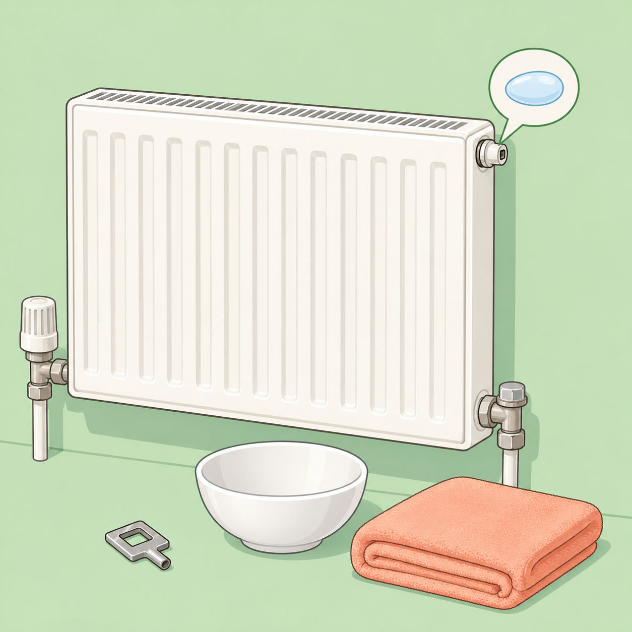 Illustration av ett element med avluftningsnyckel, ett litet kärl och en handduk på golvet.