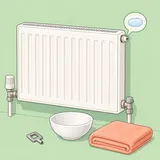 Illustration av ett element med avluftningsnyckel, ett litet kärl och en handduk på golvet.
