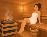 Illustration av en traditionell nordisk bastu med glödande stenar, träbänk och bastuskopa.