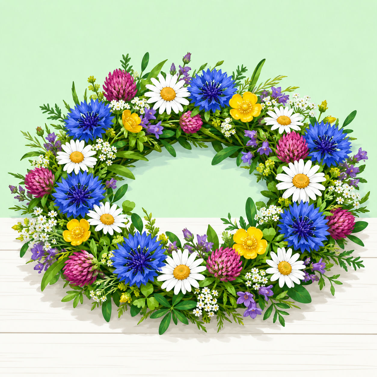 En färdig midsommarkrans med blåklint, prästkrage, rödklöver och smörblomma på en ljus bakgrund.