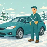 Illustration av en bil med vinterdäck monterade och en mekaniker med ett hjulkorset, snöflinga-symbol syns på däcket.