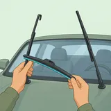 Illustration av en bil med uppfällda torkarmar och händer som håller ett nytt torkarblad redo att monteras.