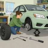 Person som byter vinterdäck på en bil i ett garage med domkraft och verktyg upplagda på golvet.
