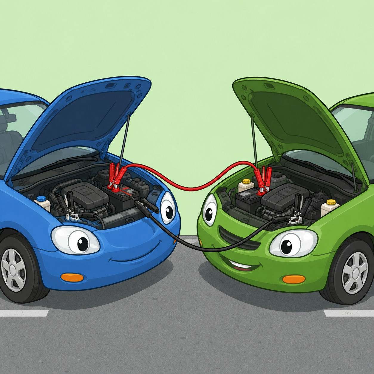 Illustration av två bilar parkerade nos mot nos med röda och svarta startkablar kopplade mellan motorerna.