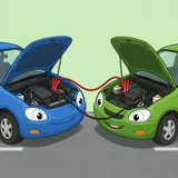 Illustration av två bilar parkerade nos mot nos med röda och svarta startkablar kopplade mellan motorerna.
