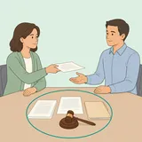 Illustration av två vuxna personer vid ett bord med skilsmässopapper och en domarklubba.