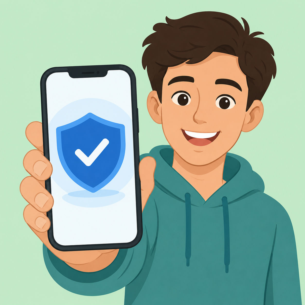 Illustration av en glad person som håller upp en mobiltelefon med BankID-appens blå sköldikon på skärmen.