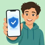 Illustration av en glad person som håller upp en mobiltelefon med BankID-appens blå sköldikon på skärmen.