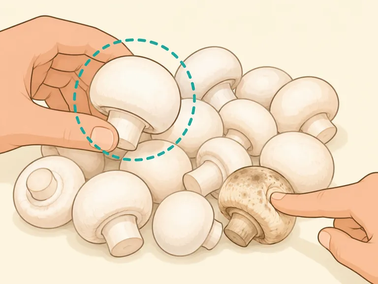 En hand väljer ut fräscha, fläckfria svampar och lägger en skämd svamp åt sidan.