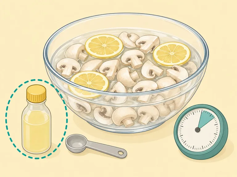 Svampbitar blötläggs i en skål med citronvatten med en timer på 5 minuter.