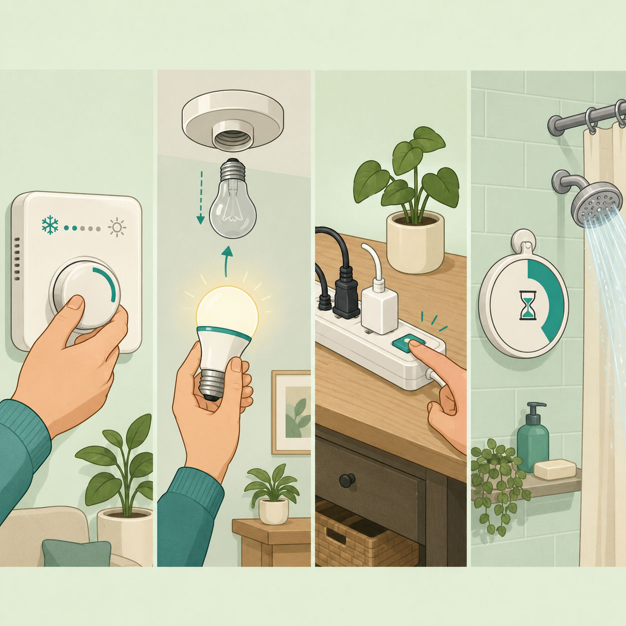 Illustration av fyra energisparande handlingar hemma: termostat, LED-lampa, grenuttag med strömbrytare och dushtimer.