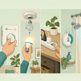 Illustration av fyra energisparande handlingar hemma: termostat, LED-lampa, grenuttag med strömbrytare och dushtimer.