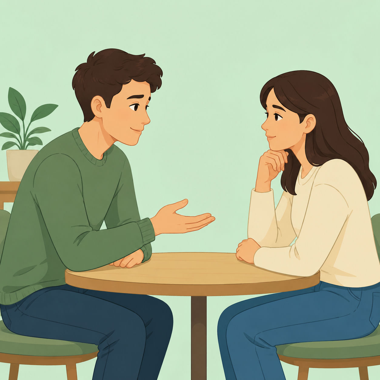 Illustration av två personer som sitter mittemot varandra, den ena sträcker fram handen i en ursäktande gest.