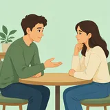 Illustration av två personer som sitter mittemot varandra, den ena sträcker fram handen i en ursäktande gest.