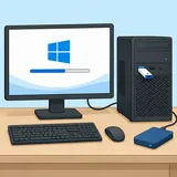 Illustration av en dator med USB-minne inkopplat och Windows-installation igång på skärmen.