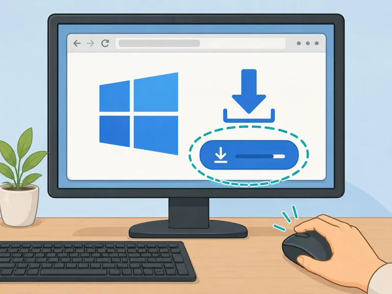 Hand som klickar på nedladdningsknappen för Microsofts installationsverktyg i en webbläsare.