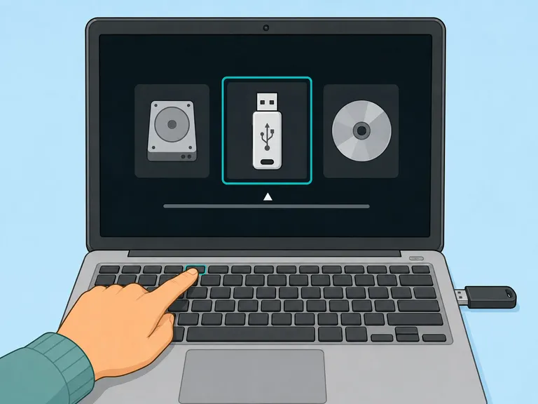 Laptop med en startmeny öppen där USB-minnet är markerat som startenhet.