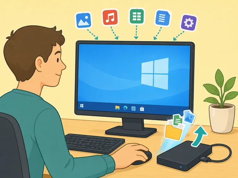 Person som återinstallerar program och kopierar tillbaka sina filer till en nyrenoverad Windows-dator.