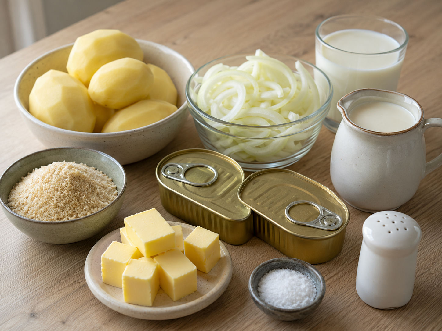 Råvaror till Janssons frestelse med potatis, lök, ansjovisburkar, grädde och ströbröd på träbord