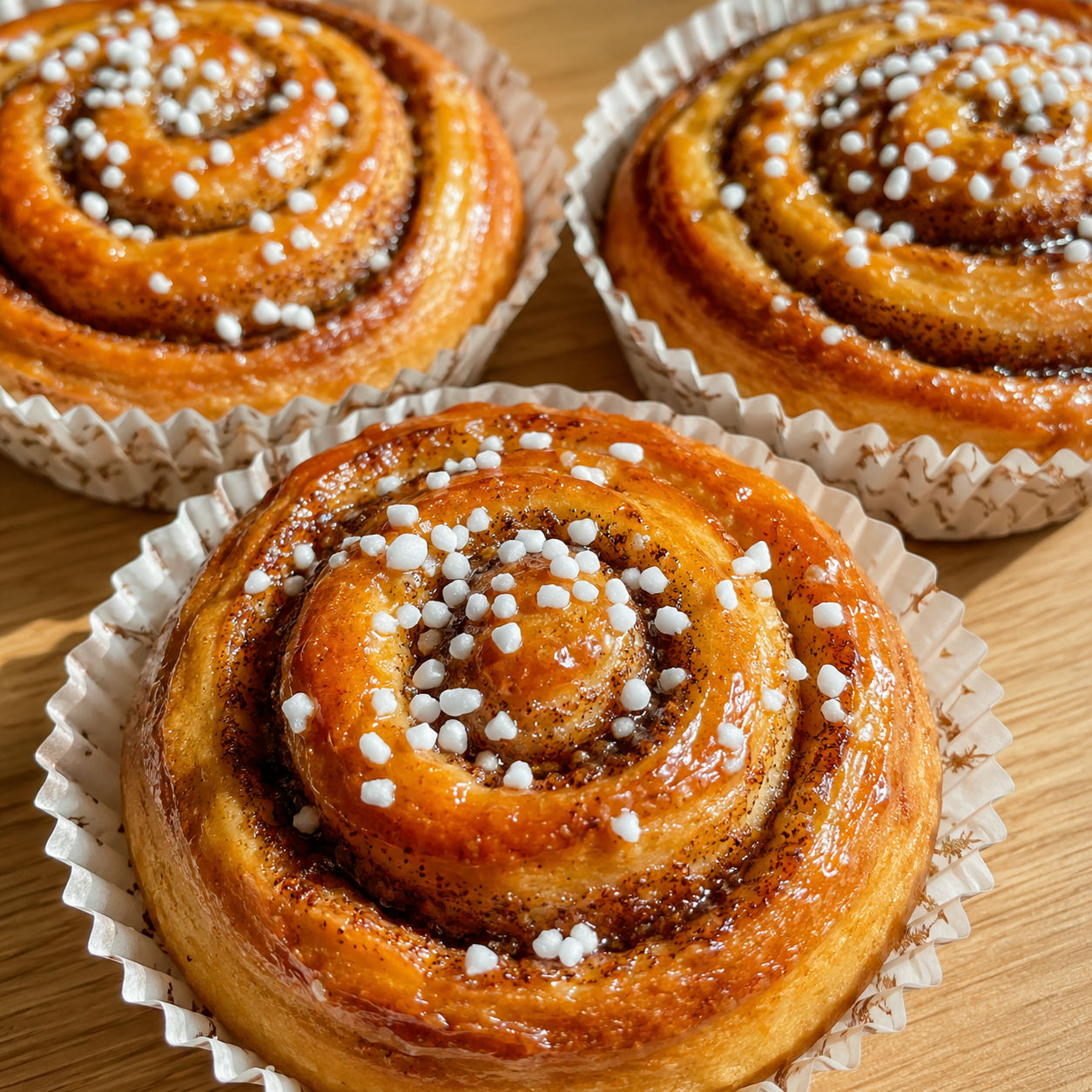 Nygräddade kanelbullar med pärlsocker i pappersformar på träbord