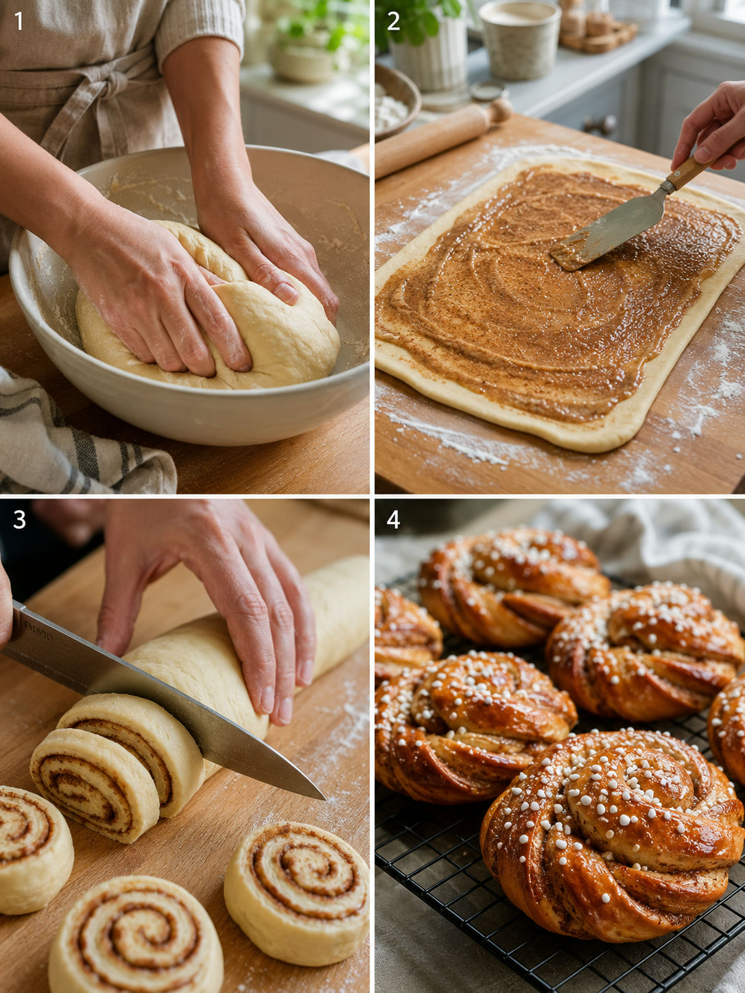 Fyra steg att baka kanelbullar: knåda degen, bre fyllning, skär och grädda
