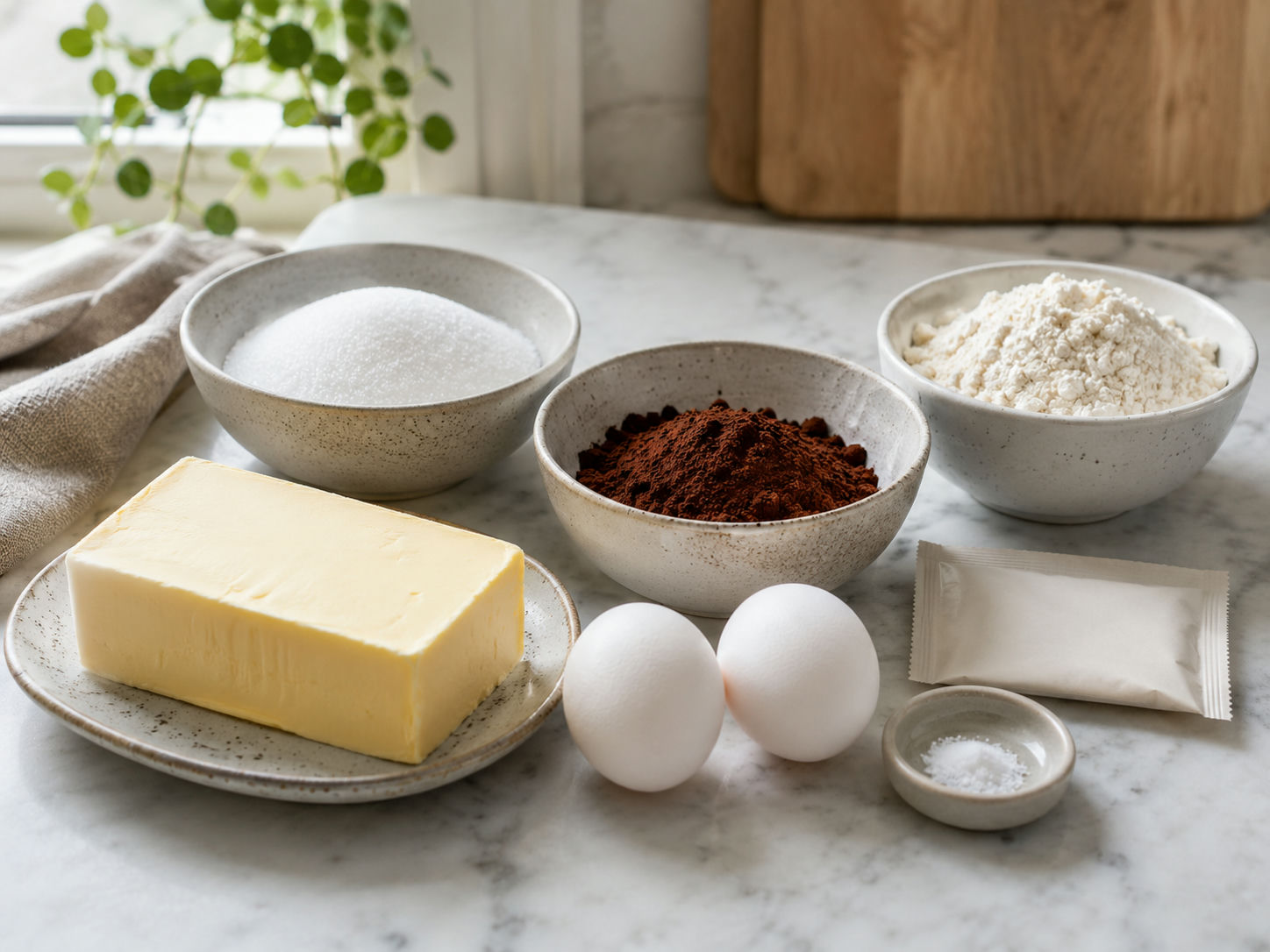 Råvaror till kladdkaka: smör, ägg, socker, kakao, mjöl och vaniljsocker
