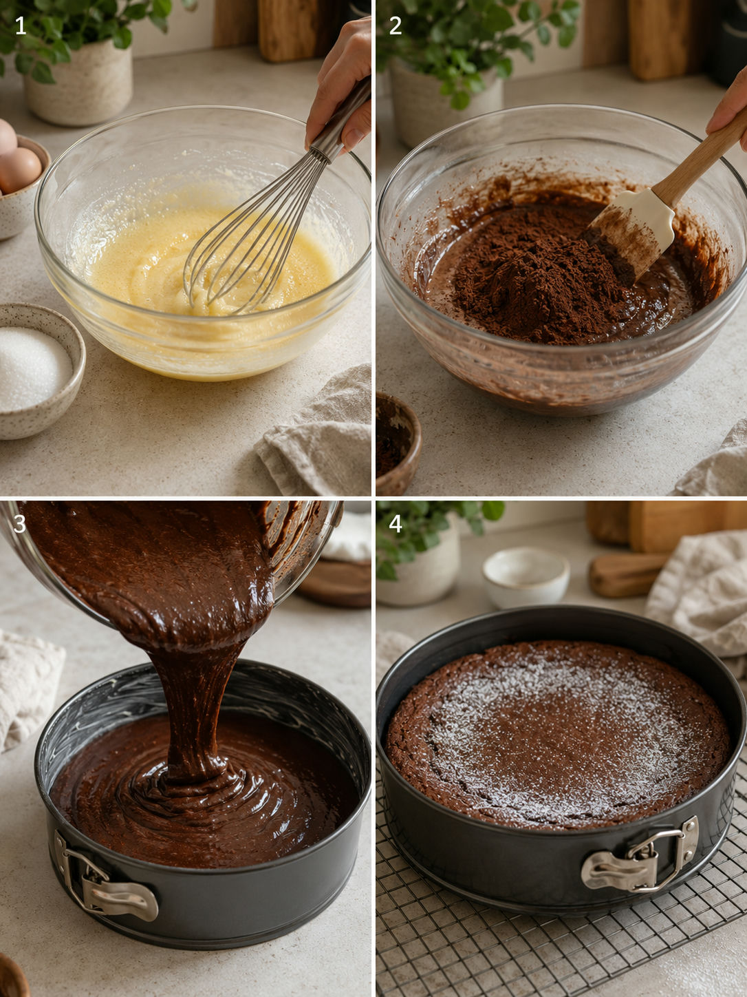 Fyra steg i tillverkning av kladdkaka, från smet till nygräddad kaka
