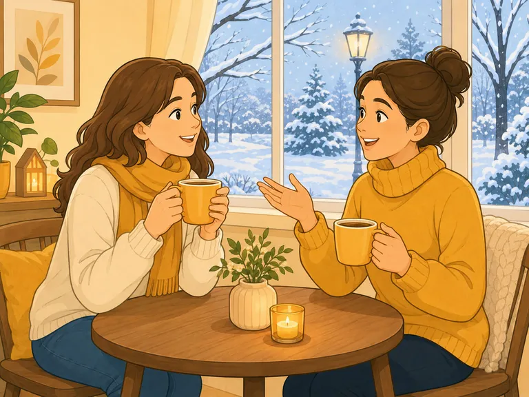 Två vänner träffas och pratar över en kopp kaffe under vintermånaderna.