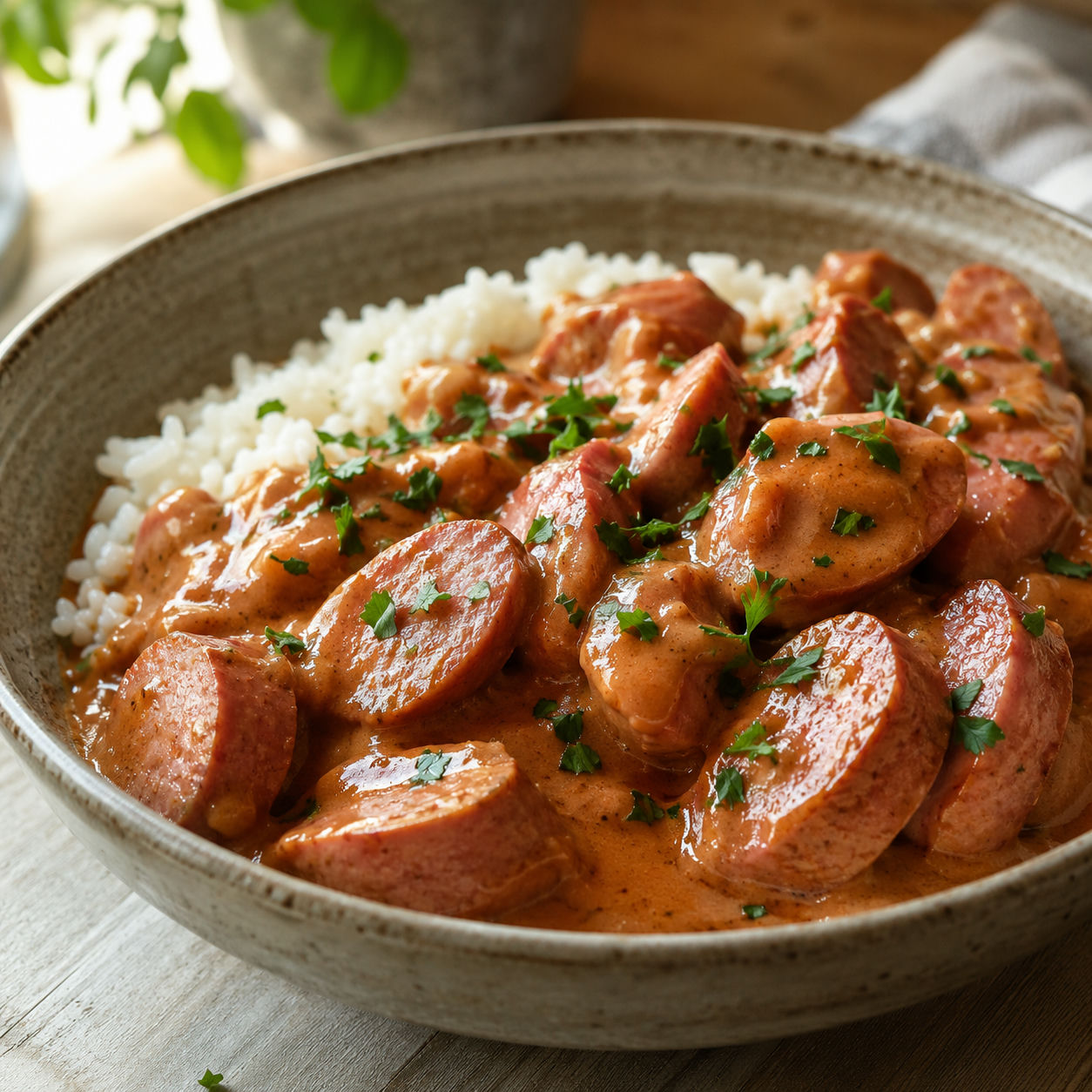 Korv stroganoff med krämig tomatsås och falukorv serverad på ris med persilja