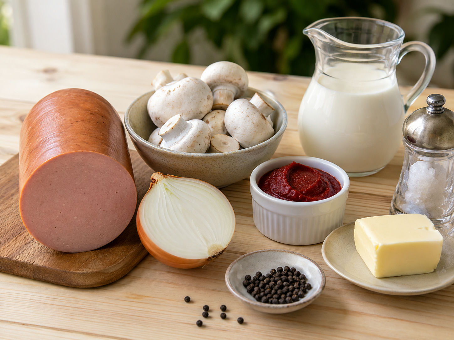 Råa ingredienser till korv stroganoff: falukorv, lök, champinjoner, tomatpuré, grädde och smör