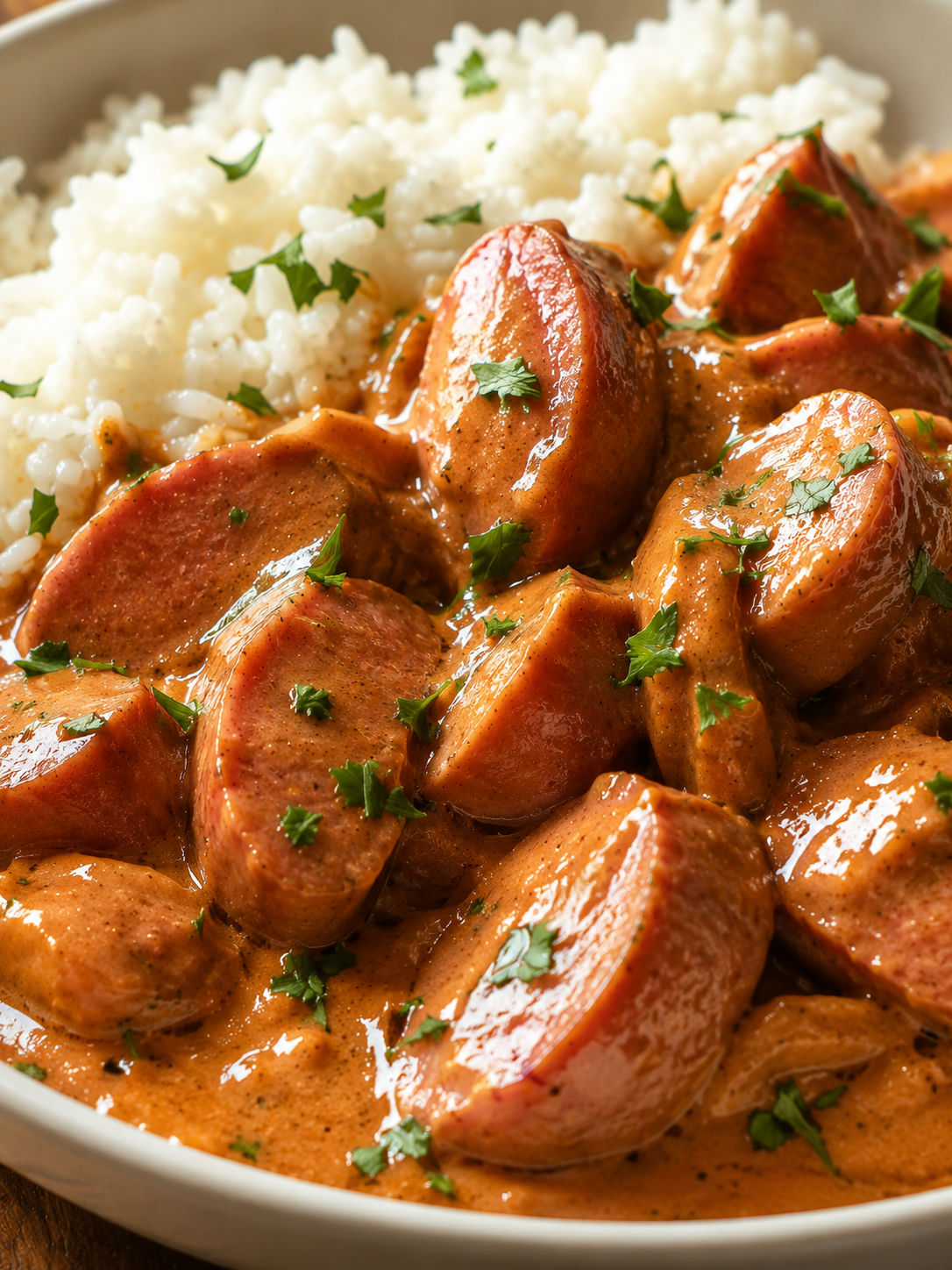 Korv stroganoff med falukorv i krämig tomatsås serverad på ris, fotograferad från sidan