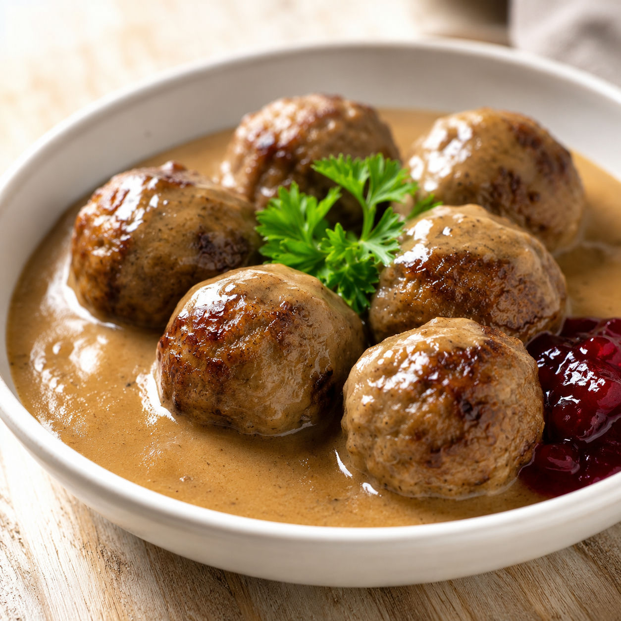 Klassiska svenska köttbullar i krämig gräddsås med lingonsylt i en vit keramikskål