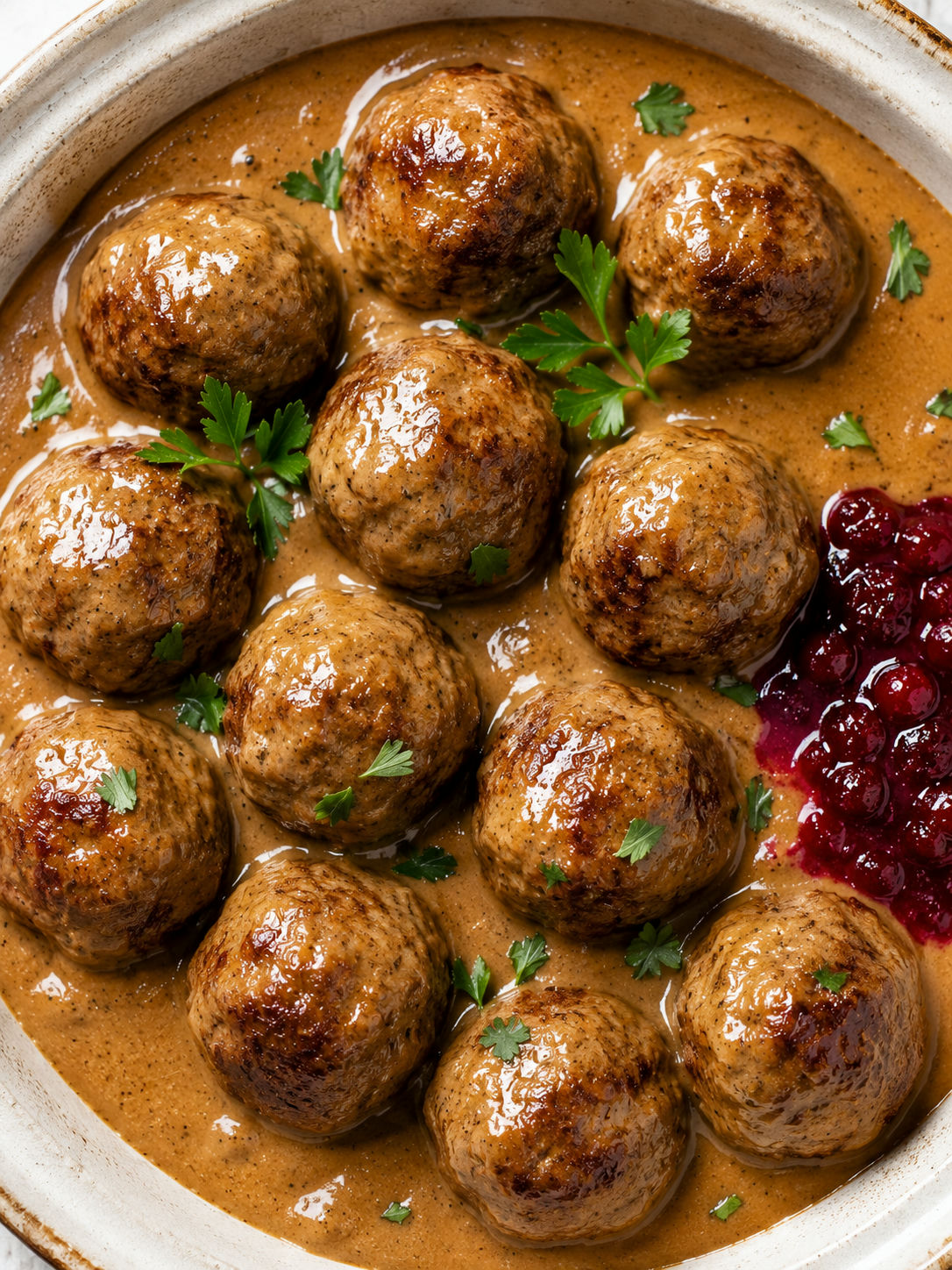 Köttbullar med gräddsås och lingonsylt fotograferade rakt uppifrån i en vit keramikskål