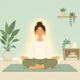 Person som sitter i meditationsställning med slutna ögon på en yogamatta i ett lugnt rum.
