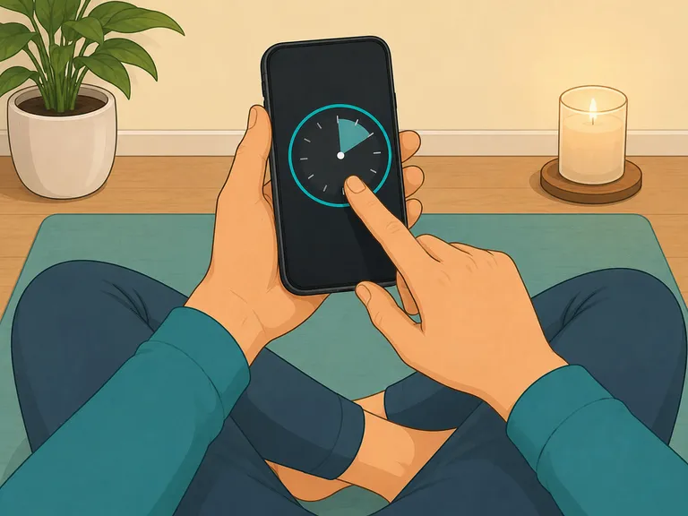 En hand som ställer in en timer på en telefon inför en meditationssession.