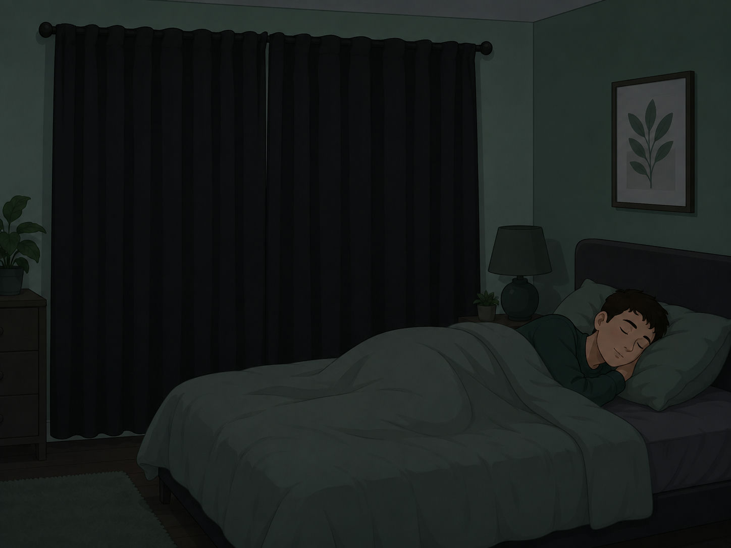 Illustration av ett sovrum med mörkläggningsgardiner tätt fördragna och en person som sover fridfullt i mörker.