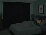 Illustration av ett sovrum med mörkläggningsgardiner tätt fördragna och en person som sover fridfullt i mörker.
