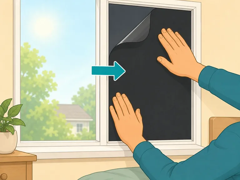Händer som applicerar mörkläggningsfilm på insidan av ett fönsterglas, ena halvan mörklagd och andra ljus.