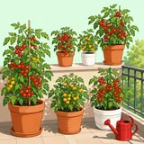 Illustration av en solig balkong med tomatplantor i krukor fulla av mogna röda och gula körsbärstomater.