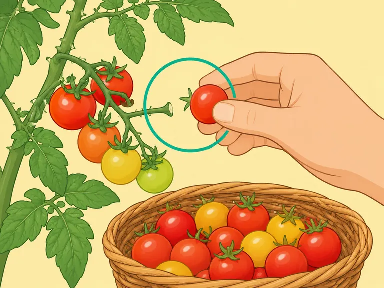 En hand plockar en mogen röd körsbärstomat från plantan, med en korg av skördade tomater nedanför.