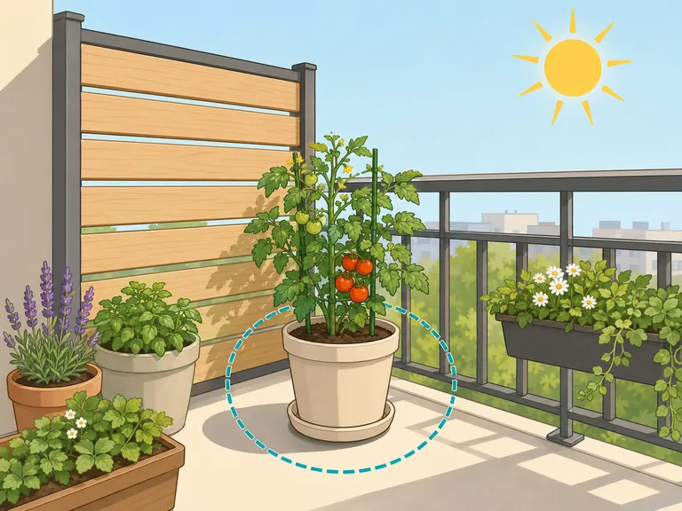 En tomatplanta i kruka placeras på en solig och vindskyddad plats på balkongen.