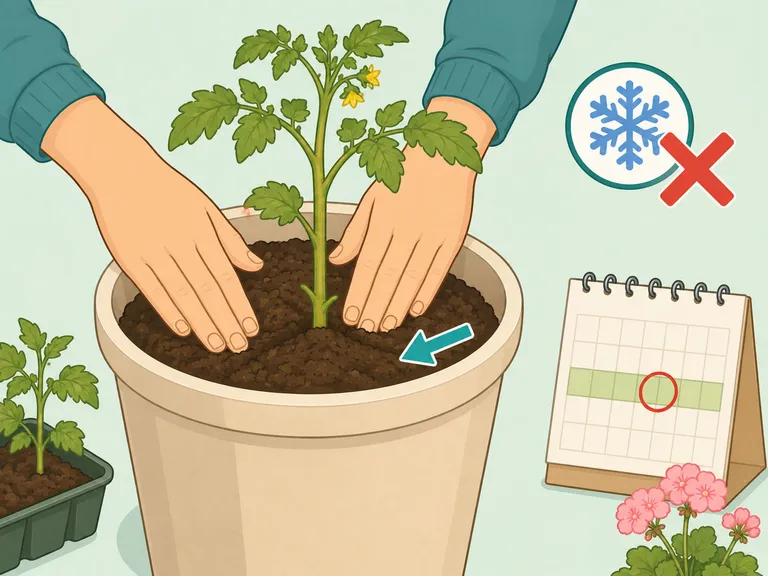 Händer planterar en tomatplanta djupt i en kruka när frostnätterna är över i mitten av maj.