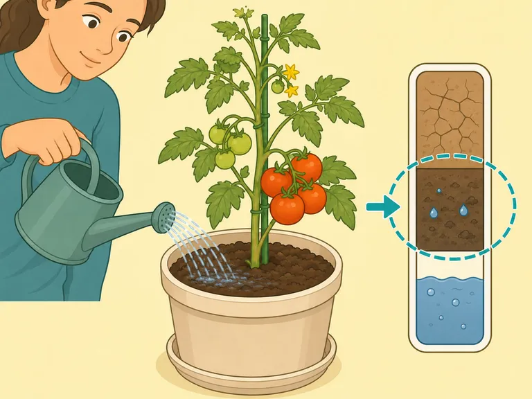 En person vattnar en tomatplanta jämnt med en vattenkanna med en indikator som visar lagom fuktig jord.