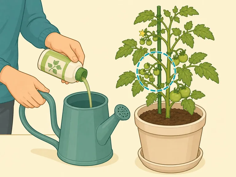Flytande tomatgödsel tillsätts i vattenkanna intill en planta med de första gröna frukterna markerade.