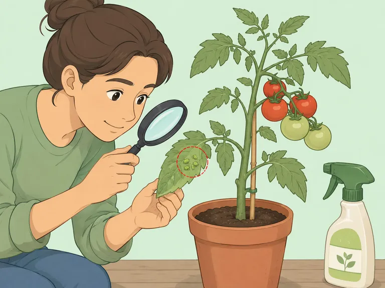 En person kontrollerar undersidan av tomatblad med ett förstoringsglas och hittar bladlöss markerade med röd cirkel.
