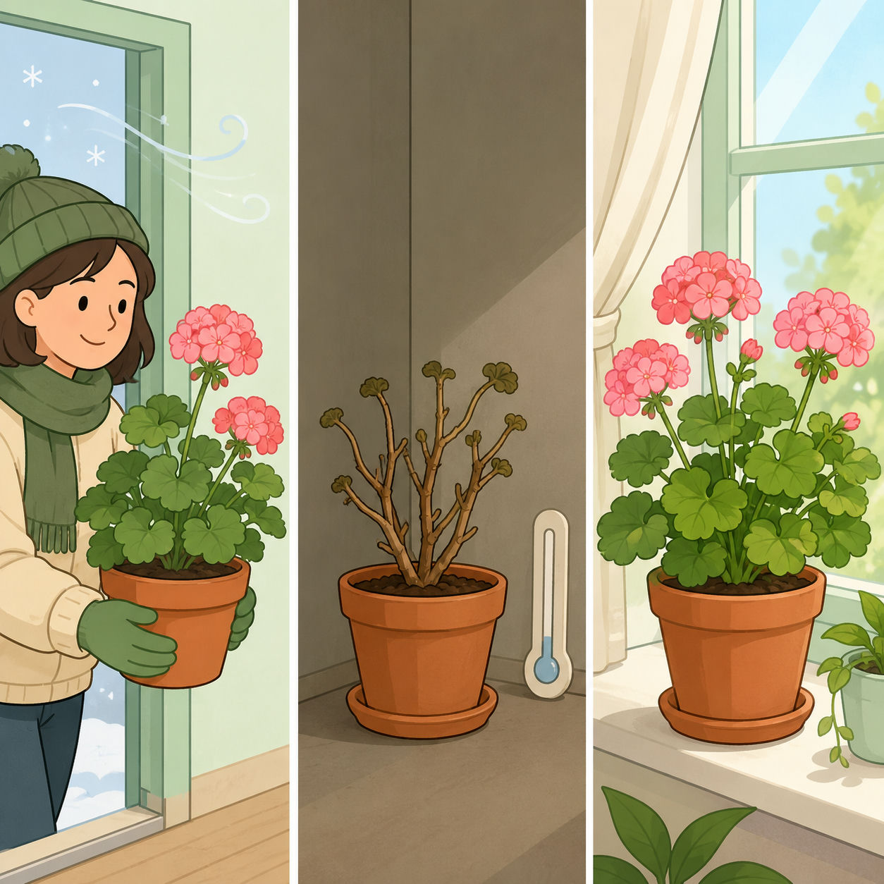 Illustration av pelargoner i tre övervintringssteg: inhämtning, svalt förvar och våruppvakning i fönster.